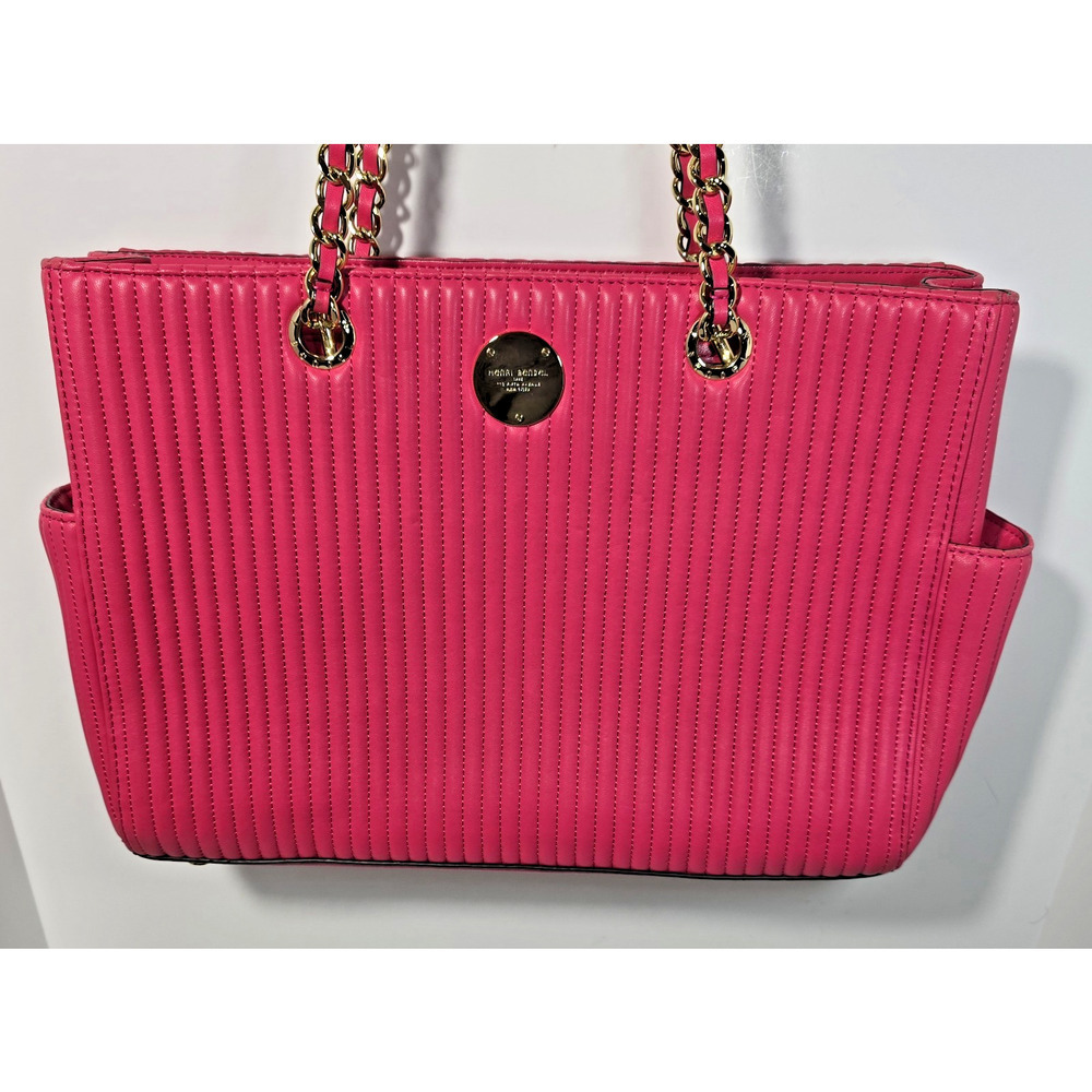 Henri Bendel No 7 Hot Pink Leather Tote Bag Quilted Vertical Chain East West - Picture 2 of 16